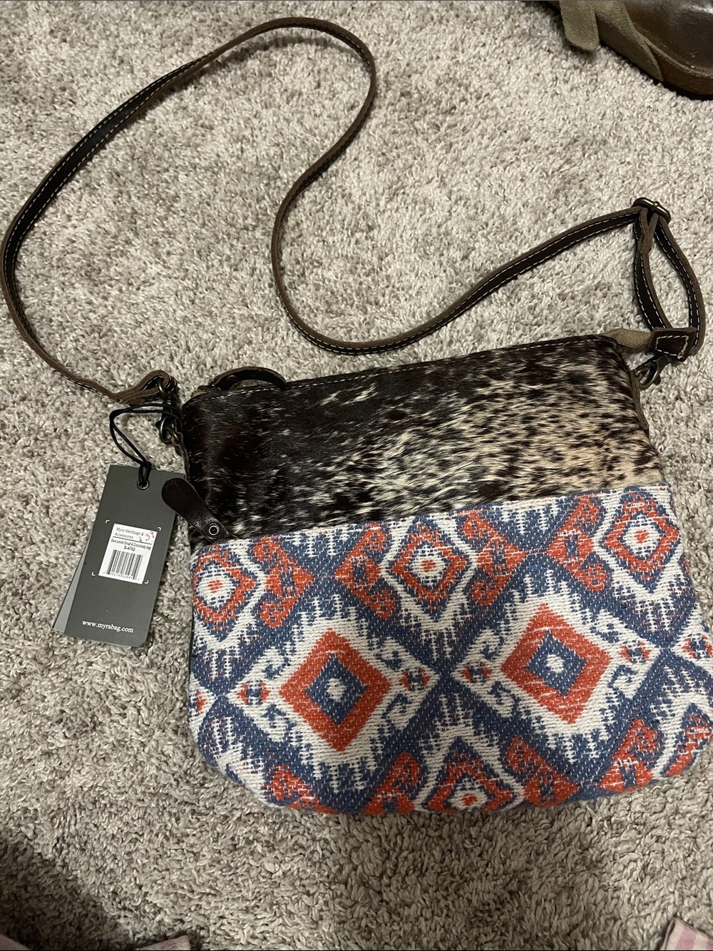 Myra Bag Brown/Blue/Orange Aztec Crossbody with Cowhide Accent